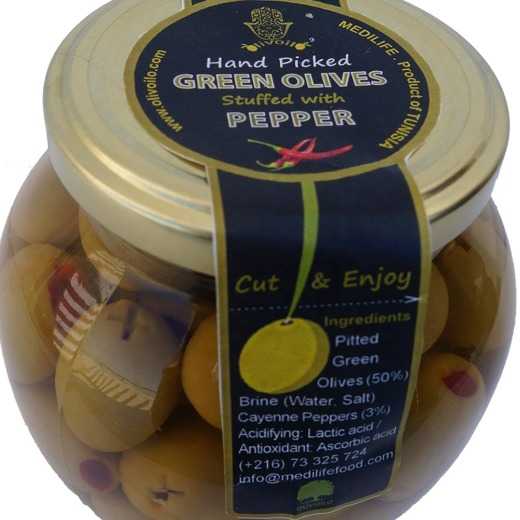 Stuffed Green Olives with Cayenne Peppers 370 ml Glass Jar 
