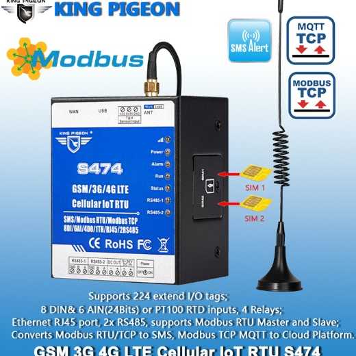 S474 Dual-Sim Cellular IoT RTU (8DIN,6AIN/PT100,4Relay,1TH,USB,2 RS485,224 Extend I/O tags)