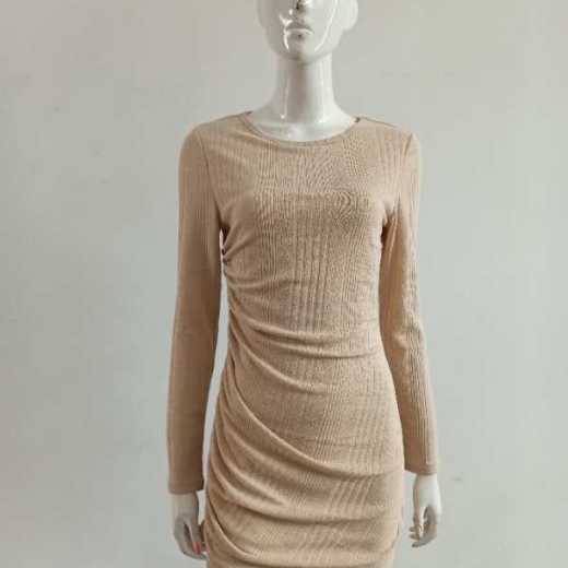 Ladies fall round neck long sleeve solid color formal slim fashion elegant head knit dress