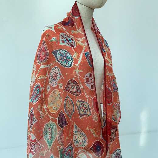 MAIDILANG 100% silk 6MM chiffon lady long towel orange leaves