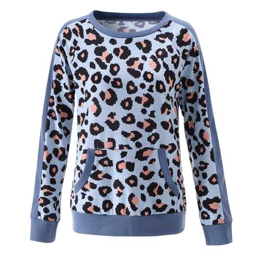 2020 Autumn wear leopard print knitted casual long sleeve pull-over garden-neck with pockets imitation cotton pull-over women's wear
