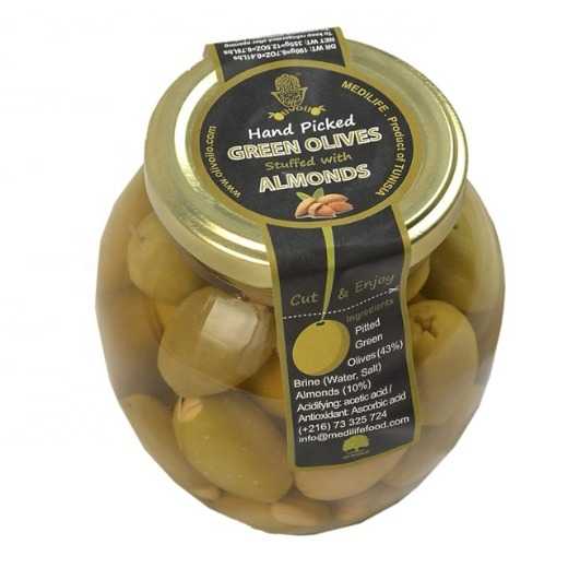 Green Olives Stuffed with Almonds, 370gr glass jar 