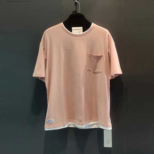 Summer solid-color pocket trim cotton T-shirt with loose round collar and half sleeve hem