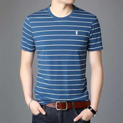 Loose and comfortable mercerized cotton T-shirt with round collar, stripe, small embroidery