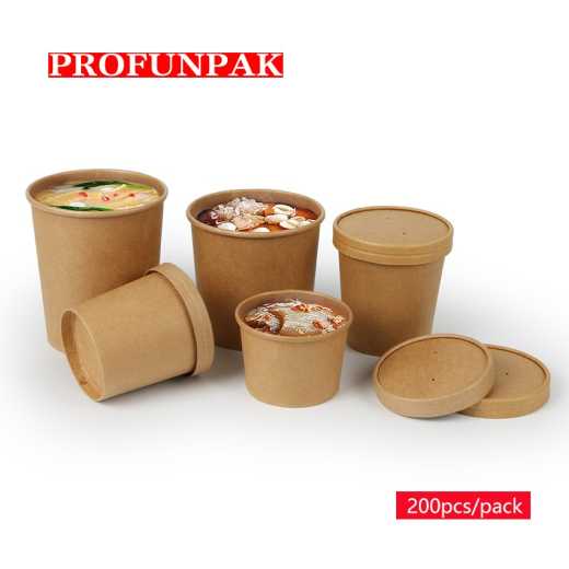 Profunpak disposable kraft paper soup cups with breathable paper lid, 200 to go takeaway soup cups per pack