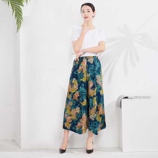 Spring and summer middle aged and aged women's pants wide leg printing high waist large size mother pants cotton silk skirt pants square dancing pants cotton feet