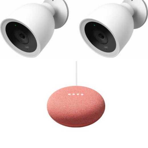 Google Nest IQ Wired Outdoor Security Camera 2 Pack + Mini Smart Speaker