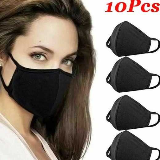 10 Pack Black Fabric Face Masks 3 Layers Reusable Washable Cloth Curved Mask