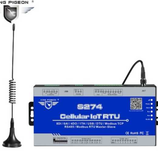 S274 Cellular IoT Modbus RTU (8DIN,6AIN/PT100,4Relay,1TH,USB,RS485,224 Extend I/O tags)