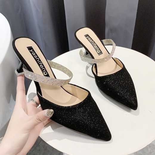High-heeled shoes for women 2020 New fashion Fascinator sandals toe sequins light mouth heel sandals half slipper sandals