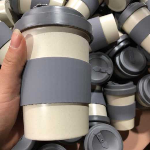 Eco friendly BPA free bamboo fibre reusable 400ml 14oz travel mug with lid silicone protective