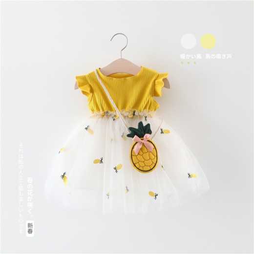 2020 Fly sleeve pineapple gauze skirt with bag girl's dress