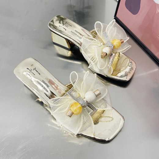 Rhinestone lace flower yarn butterfly rubber square heel thick heel slippers summer women's shoes leisure sandals heighten