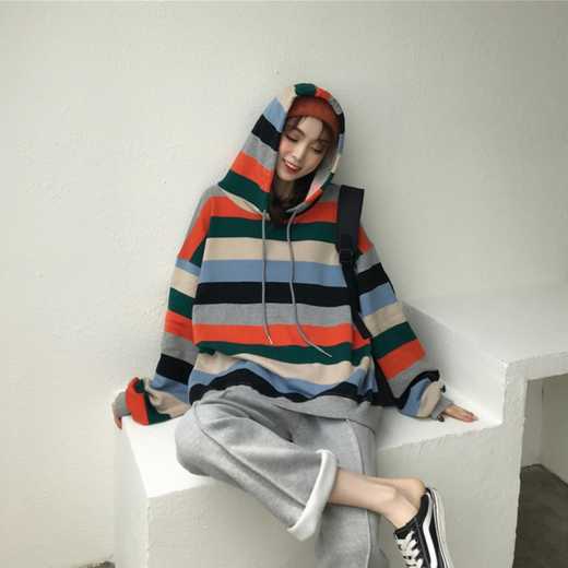 Hoodie girl spring autumn new Korean version languid lazy style student loose BF stripe hoodie long sleeve blouse women's fashion