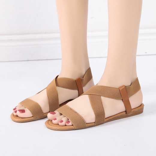 Elastic elastic woven strap soft soled sandals are versatile and retro