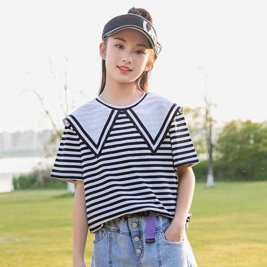 2020 New lapel striped girl short sleeve summer wear thin T-shirt for children under the top of the T-shirt western style half sleeve T-shirt cotton