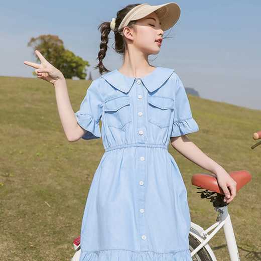Short sleeved cotton denim dress for girls 2020 new summer dress for children loose-fitting Western style princess dress for children