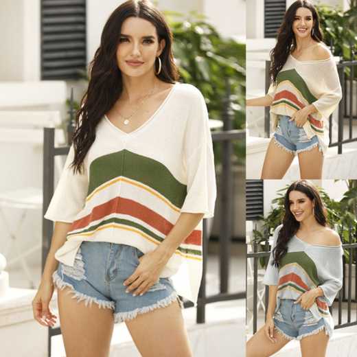 Marvili's new knit striped patchwork off-the-shoulder sweater v-neck beach top for women with short sleeves