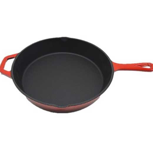 10INCH China supplier deep size red enamel cast iron japanese frying pan with assist handle
